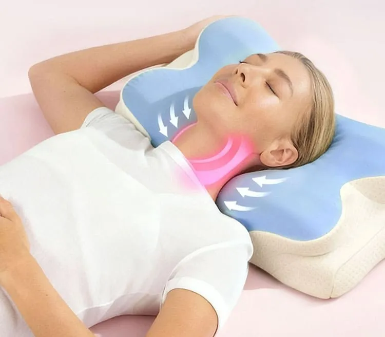 Person resting on a blue contoured Melara Max memory foam pillow